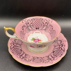 Royal Bayrueth footed Teacup & Saucer pink porcelain with black & gold accents